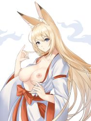 Rule 34 | 1girl, animal ear fluff, animal ears, blonde hair, blue eyes, bow, breasts, breasts out, collarbone, commentary request, fox ears, fox girl, fox shadow puppet, hand up, highres, japanese clothes, kimono, kurone rinka, long hair, looking at viewer, medium breasts, nipples, puckered lips, red bow, red sash, sash, solo, tenko kuugen, upper body, very long hair, wagaya no oinari-sama, white kimono