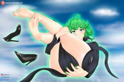 Rule 34 | 1girl, absurdres, barefoot, casiuz art, feet, green eyes, green hair, highres, light blush, long hair, looking at viewer, one-punch man, parted lips, tatsumaki, toes