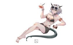 Rule 34 | 1girl, absurdres, alternate costume, arknights, artist name, bare shoulders, bikini, breasts, character doll, choker, cleavage, commentary request, cup, dragon girl, dragon horns, dragon tail, drinking straw, grey hair, highres, holding, holding cup, holding phone, horns, large breasts, looking at viewer, lying, material growth, medium hair, navel, njnywy, original, oripathy lesion (arknights), parted lips, phone, pillow, pool, shorts, simple background, smile, solo, swimsuit, tail, talulah (arknights), white background