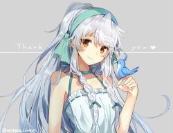 Rule 34 | 1girl, aqua ribbon, bird, bird on hand, blush, braid, closed mouth, grey background, hair ribbon, hand up, lace, lace-trimmed ribbon, lace trim, light smile, long hair, looking at viewer, mishima kurone, original, ponytail, ribbon, simple background, smile, solo, thank you, tierra azur, tress ribbon, twitter username, upper body, very long hair