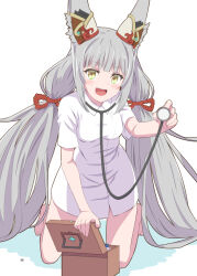 Rule 34 | 1girl, :d, alternate costume, animal ears, bare legs, barefoot, blush, box, breasts, dress, grey hair, holding, kageyasu, kneeling, long hair, looking at viewer, low twintails, nia (blade) (xenoblade), nia (xenoblade), nurse, open mouth, short dress, small breasts, smile, solo, stethoscope, twintails, very long hair, xenoblade chronicles (series), xenoblade chronicles 2, yellow eyes