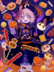 Rule 34 | 1girl, ahoge, bad id, bad twitter id, black dress, black hat, blonde hair, blue background, blush, candy, candy wrapper, dress, english text, feet out of frame, food, gradient background, halloween, hands up, happy halloween, hat, highres, jack-o&#039;-lantern, jewelry, kisaragi yuu (fallen sky), looking at viewer, necklace, open mouth, orange background, orange eyes, original, outline, panda, qingdai guanmao, short hair, sleeves past fingers, sleeves past wrists, smile, solo, tassel, white outline, wide sleeves