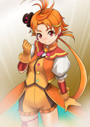 Rule 34 | 1boy, blonde hair, cropped jacket, cure wing, earrings, gloves, hair ornament, hat, highres, hirogaru sky! precure, jacket, jewelry, leg ribbon, looking at viewer, magical boy, male focus, mini hat, multicolored hair, orange gloves, orange hair, orange jacket, orange shorts, ponytail, precure, puffy short sleeves, puffy sleeves, red eyes, ribbon, rohitsuka, short hair with long locks, short sleeves, shorts, smile, solo, streaked hair, tailcoat, thigh ribbon, trap, vest