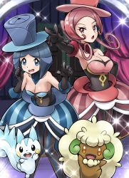 Rule 34 | 10s, 2girls, bare shoulders, battle chatelaine, blue eyes, blue hair, breasts, choker, cleavage, creatures (company), curtains, dana (pokemon), dress, elbow gloves, evelyn (pokemon), game freak, gen 4 pokemon, gen 5 pokemon, gloves, hat, long hair, looking at viewer, medium breasts, multicolored hair, multiple girls, nintendo, npc trainer, outstretched arm, pachirisu, pantyhose, pink eyes, pink hair, pokemoa, pokemon, pokemon (creature), pokemon xy, skirt, skirt set, sparkle, striped clothes, striped legwear, striped pantyhose, thigh gap, top hat, twintails, two-tone hair, vertical-striped clothes, vertical-striped pantyhose, whimsicott