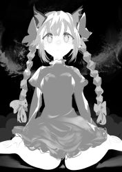Rule 34 | 1girl, braid, breasts, closed mouth, dress, frown, greyscale, long hair, looking at viewer, monochrome, polpol, simple background, solo, touhou, twin braids, very long hair