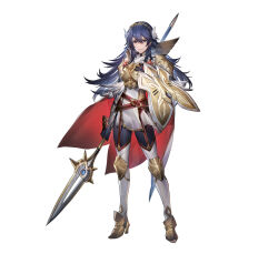 Rule 34 | 1girl, alternate costume, arm guards, armor, armored boots, belt, blue eyes, blue hair, bodysuit, bodysuit under clothes, boots, breastplate, breasts, cape, closed mouth, commentary request, feather trim, fire emblem, fire emblem awakening, fire emblem heroes, full body, garter straps, gloves, gold trim, high heels, highres, holding, holding weapon, jewelry, lips, long hair, looking at viewer, lucina (brave princess) (fire emblem), lucina (fire emblem), medium breasts, mizutama (mao11260510), multiple belts, nintendo, official art, polearm, ribbed bodysuit, shield, shoulder armor, simple background, skin tight, smile, solo, spear, standing, tiara, turtleneck, weapon, white background