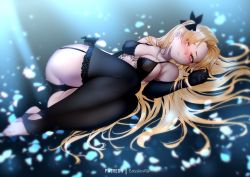 Rule 34 | 1girl, ass, bare shoulders, blonde hair, blush, bow, breasts, camisole, cleavage, closed mouth, collarbone, elbow gloves, ereshkigal (fate), fate/grand order, fate (series), feet, gloves, hair bow, legs, long hair, looking at viewer, lying, medium breasts, on side, parted bangs, red eyes, solo, thighhighs, toeless legwear, zasshu