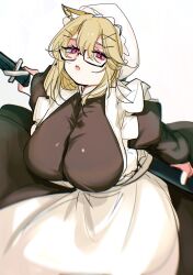 Rule 34 | 1girl, animal ear fluff, apron, arknights, black dress, blonde hair, breasts, dress, glasses, hat, highres, holding, holding weapon, large breasts, long sleeves, looking at viewer, maid, open mouth, pink eyes, puffy long sleeves, puffy sleeves, short hair, simple background, solo, ub orca, utage (arknights), weapon, white apron, white background, white hat