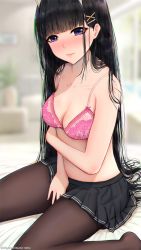 Rule 34 | 1girl, azur lane, bare shoulders, bed sheet, between legs, black hair, black pantyhose, black skirt, blunt bangs, blurry, blurry background, blush, bra, breasts, chromatic aberration, cleavage, closed mouth, commentary, commentary request, covering crotch, covering privates, depth of field, english commentary, frown, hair ornament, hairclip, hand between legs, highres, kitsune-neko, long hair, looking at viewer, medium breasts, miniskirt, nose blush, noshiro (azur lane), on bed, pantyhose, pink bra, pleated skirt, purple eyes, sitting, skirt, solo, straight hair, underwear, very long hair, wariza, x hair ornament