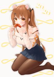 Rule 34 | 1girl, 2020, animal ears, bare shoulders, black pantyhose, blue skirt, blush, bow, bra strap, brown eyes, brown hair, earrings, eating, fake animal ears, food, girls&#039; frontline, hair bow, holding, holding food, jewelry, k2 (girls&#039; frontline), long hair, looking at viewer, mouse ears, no shoes, off-shoulder sweater, off shoulder, pantyhose, seiza, simple background, sitting, skirt, solo, spread legs, sweater, twintails, urano ura, white sweater