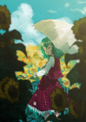 Rule 34 | 1girl, closed eyes, cloud, commentary request, day, feet out of frame, field, flower, flower field, garden of the sun, green hair, highres, holding, holding umbrella, kazami yuuka, kinosaki, long sleeves, medium hair, open mouth, outdoors, red skirt, red vest, scenery, shirt, skirt, smile, solo, sunflower, sunflower field, touhou, umbrella, vest, white shirt, white umbrella
