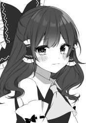 Rule 34 | 1girl, ascot, bare shoulders, blush, bow, closed mouth, commentary request, detached sleeves, frilled bow, frilled hair tubes, frills, greyscale, hair bow, hair tubes, hakurei reimu, highres, light smile, looking at viewer, monochrome, shinonome asu, simple background, solo, touhou, upper body, vest, white background, wing collar
