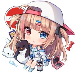 Rule 34 | 1girl, :&lt;, ahoge, artist name, backwards hat, baseball cap, black bow, blue camisole, blue eyes, blue sailor collar, blue shorts, blue socks, blush, bow, camisole, candy wrapper, chibi, closed mouth, commentary, english commentary, full body, hair bow, hair ornament, hairclip, handheld game console, hat, heterochromia, hitsukuya, light brown hair, long hair, long sleeves, looking at viewer, nintendo 3ds, no entry sign, no shoes, off shoulder, open clothes, open shirt, original, red eyes, road sign, sailor collar, shirt, short shorts, shorts, sign, signature, simple background, sleeves past fingers, sleeves past wrists, socks, solo, stuffed animal, stuffed penguin, stuffed seal, stuffed toy, two side up, very long hair, white background, white hat, white shirt