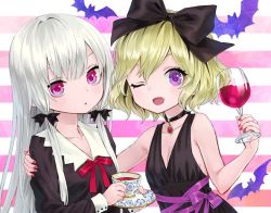 Rule 34 | 10s, 2girls, :o, ;d, ama-tou, animal print, armpit peek, bat print, belt, black bow, black dress, black ribbon, blonde hair, blood, blush, bow, breasts, buttons, choker, cleavage, collar, collarbone, collared dress, cup, dot nose, dress, drinking glass, elly (tonari no kyuuketsuki-san), erie, eyelashes, fang, fingernails, glass, hair between eyes, hair bow, hair ornament, hair ribbon, hand on another&#039;s shoulder, hand up, holding, holding cup, holding drinking glass, horizontal-striped background, jewelry, long hair, looking at viewer, multiple girls, nail polish, neck ribbon, one eye closed, open mouth, pink eyes, pink nails, preview, purple belt, purple eyes, red ribbon, ribbon, sanpaku, saucer, short hair, sideboob, silver hair, sleeve cuffs, small breasts, smile, sophie twilight, straight hair, striped, striped background, teacup, tonari no kyuuketsuki-san, tress ribbon, tsurime, upper body, wavy hair, wine glass