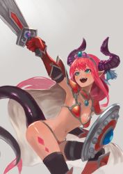 Rule 34 | 10s, 1girl, absurdres, armor, armored boots, bikini, bikini armor, black thighhighs, boots, breasts, cape, elizabeth bathory (brave) (fate), elizabeth bathory (fate), fate/extra, fate/extra ccc, fate/grand order, fate (series), female focus, gauntlets, green eyes, highres, holding, holding sword, holding weapon, horns, long hair, looking at viewer, navel, open mouth, pink hair, pointy ears, red bikini, shield, simple background, small breasts, swimsuit, sword, tail, takup, thighhighs, weapon