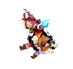 Rule 34 | 1girl, absurdres, antlers, bell, boots, bow, brown gloves, cape, closed eyes, dress, facial mark, fae (fire emblem), fae (winter) (fire emblem), fire emblem, fire emblem: the binding blade, fire emblem heroes, forehead mark, full body, fur trim, gloves, grey background, highres, himukai yuuji, horns, long sleeves, nintendo, official art, open mouth, outstretched arm, pointy ears, purple hair, reindeer antlers, short hair, simple background, solo, tears, torn clothes, white background