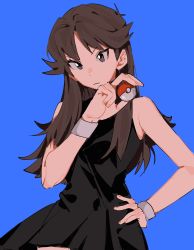 Rule 34 | 1girl, black dress, blue background, brown eyes, brown hair, closed mouth, commentary, creatures (company), dress, eyelashes, game freak, green (pokemon), hand on own hip, hand up, highres, holding, holding poke ball, long hair, mei (manjunii), nintendo, poke ball, poke ball (basic), pokemon, pokemon adventures, simple background, sleeveless, sleeveless dress, solo, wristband