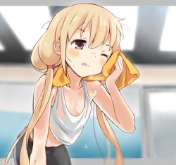 Rule 34 | 10s, 1girl, :q, bike shorts, blonde hair, breasts, brown eyes, collarbone, futaba anzu, idolmaster, idolmaster cinderella girls, leaning forward, long hair, low twintails, mirakichi, small breasts, solo, sweat, tank top, tongue, tongue out, towel, twintails