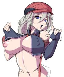 Rule 34 | 10s, 1girl, alisa ilinichina amiella, blue eyes, breasts, fingerless gloves, gloves, god eater, large breasts, long hair, looking at viewer, nipples, no bra, open mouth, sexually suggestive, simple background, skirt, solo, suspender skirt, suspenders, underboob, white background