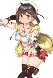 Rule 34 | 1girl, atelier (series), atelier ryza, atelier ryza 1, belt, between legs, blush, boots, breasts, brown eyes, brown hair, cleavage, collarbone, detached sleeves, gloves, hand between legs, hat, hat ribbon, highres, jewelry, looking at viewer, lux (dera ix), medium breasts, necklace, pouch, reisalin stout, ribbon, short shorts, shorts, sidelocks, smile, thick thighs, thigh boots, thigh pouch, thighhighs, thighs, white background