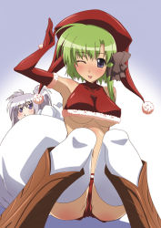 Rule 34 | 00s, 2girls, boots, breasts, christmas, elbow gloves, gloves, green hair, hat, large breasts, multiple girls, one eye closed, paopa ship, primula, purple hair, red gloves, santa costume, santa hat, shigure asa, short hair, shuffle!, thighhighs, underboob, wink