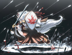 Rule 34 | 1girl, animal ears, arrow (projectile), arrow in body, attack, bandaged arm, bandages, bare shoulders, bleeding, blood, blood in hair, blood on clothes, blood on face, cuts, detached sleeves, fighting stance, full body, geta, hair over one eye, hakama, hakama skirt, hat, unworn hat, unworn headwear, highres, holding, holding shield, holding sword, holding weapon, injury, inubashiri momiji, japanese clothes, leaning to the side, long bangs, looking at viewer, medium hair, oubachiago, parted lips, procreate (medium), red eyes, scabbard, scratches, sheath, shield, shirt, skirt, solo, standing, sword, tabi, tail, taking cover, tengu-geta, tokin hat, torn clothes, torn hakama, touhou, weapon, white hair, wide sleeves, wolf ears, wolf girl, wolf tail