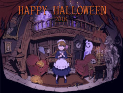 Rule 34 | 2018, 2girls, apron, armor, blue dress, blue eyes, braid, brown hair, candelabra, candle, candlestand, chair, chandelier, clock, dress, floating, floating object, ghost, ghost costume, grandfather clock, halloween, happy halloween, indoors, jack-o&#039;-lantern, ladle, looking at another, maid, maid apron, maid headdress, multiple girls, original, painting (object), pumpkin, scared, shadow, stairs, table, twin braids, ume (illegal bible), vase