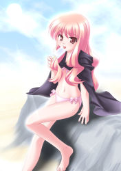 Rule 34 | 1girl, arm support, barefoot, bikini, cape, food, highres, licking, long hair, looking at viewer, louise francoise le blanc de la valliere, navel, pink eyes, pink hair, popsicle, solo, swimsuit, takacchi, tongue, white bikini, zero no tsukaima