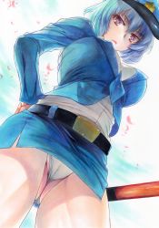 Rule 34 | 1girl, absurdres, baton, baton (weapon), belt, black belt, blue hair, blue hat, blue jacket, blue skirt, breasts, closed mouth, from below, frown, gluteal fold, hat, highres, jacket, large breasts, lips, long sleeves, looking at viewer, miniskirt, orange eyes, original, panties, petals, pink lips, police, police hat, police uniform, policewoman, rozarin, shirt, short hair, skirt, solo, thighs, traditional media, underwear, uniform, upskirt, v-shaped eyebrows, weapon, white panties, white shirt