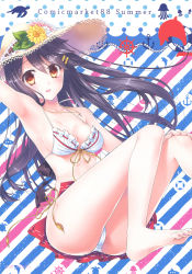 Rule 34 | 1girl, absurdres, armpits, bare arms, bare legs, bare shoulders, barefoot, bikini, black hair, blush, breasts, brown eyes, cross, cross necklace, feet, flower, frilled bikini, frills, hair between eyes, hair ornament, hairclip, haruna (kancolle), hat, hat flower, highres, ichimatsu nana, jewelry, kantai collection, knees together feet apart, looking at viewer, medium breasts, multicolored background, nail polish, necklace, non-web source, smile, solo, straw hat, striped, striped background, sun hat, swimsuit, toenail polish, toenails, toes, white bikini
