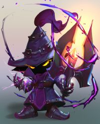 Rule 34 | 1boy, armored shoes, belt, brown belt, coat, glowing, glowing eyes, gradient background, grey background, hat, highres, holding, holding staff, league of legends, looking at viewer, magic, male focus, nyaamen fork, purple coat, solo, staff, veigar, wizard, wizard hat, yellow eyes, yordle