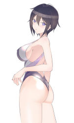 Rule 34 | 1girl, arched back, arm at side, aru (aru 4ru), ass, back cutout, bare arms, bare shoulders, black hair, black one-piece swimsuit, blue eyes, blush, breasts, clothing cutout, commentary request, competition swimsuit, covered erect nipples, cowboy shot, dolphin wave, from side, hair between eyes, hand up, large breasts, looking at viewer, looking to the side, one-piece swimsuit, parted lips, revision, short hair, sideboob, simple background, solo, standing, suminoe shion, swimsuit, two-tone swimsuit, water drop, wet, white background, white one-piece swimsuit