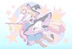 Rule 34 | 2girls, alice margatroid, bad id, bad pixiv id, blonde hair, bloomers, blue eyes, boots, braid, broom, broom riding, capelet, female focus, hairband, hat, high heels, kirisame marisa, multiple girls, ofuton zeb, pale color, red eyes, shoes, short hair, touhou, underwear, witch, witch hat, yuri