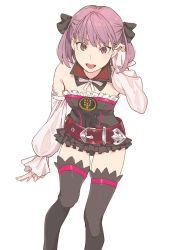 Rule 34 | 1girl, 5plus5, :d, bare shoulders, belt, black thighhighs, detached collar, detached sleeves, dress, fate/grand order, fate (series), hair ribbon, helena blavatsky (fate), highres, looking at viewer, open mouth, purple eyes, purple hair, ribbon, simple background, sleeves past wrists, smile, solo, teeth, thighhighs, white background
