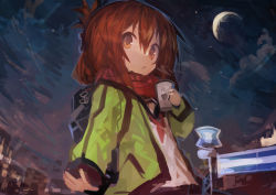 Rule 34 | 1girl, absurdres, arm at side, breath, brown eyes, brown hair, city, crescent moon, cup, folded ponytail, green jacket, hair between eyes, highres, holding, holding cup, inazuma (kancolle), jacket, kaamin (mariarose753), kantai collection, looking at viewer, moon, neckerchief, night, outdoors, red scarf, scarf, school uniform, serafuku, sky, solo
