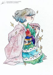 1girl aqua_eyes dessert_print floral_print food_print hanten_(clothes) highres japanese_clothes kimono kimono_dress lolita_fashion looking_forward original painting_(medium) print_kimono profile star_(symbol) strawberry_print traditional_media tyokotippuaisu wa_lolita watercolor_(medium)