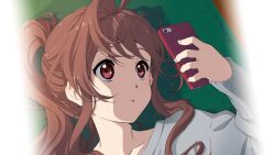 Rule 34 | 1girl, 22/7, 22/7 ongaku no jikan, brown eyes, brown hair, cellphone, collarbone, from above, game cg, high side ponytail, highres, holding, holding phone, horiguchi yukiko, indoors, long hair, long sleeves, looking at phone, lying, non-web source, official art, on back, parted lips, phone, smartphone, solo, toda jun