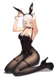 Rule 34 | 1girl, adjusting clothes, adjusting headwear, animal ears, armpits, arms up, belt, black pantyhose, bob cut, bow, bowtie, breasts, cleavage, detached collar, fake animal ears, garter belt, garter straps, hara kenshi, high heels, highres, kneeling, legs, leotard, looking to the side, original, pantyhose, playboy bunny, rabbit ears, red eyes, short hair, simple background, sitting, solo, strappy heels, thighs, wariza, white hair, wrist cuffs