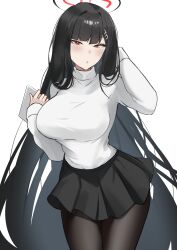 Rule 34 | 1girl, black hair, black halo, black pantyhose, black skirt, blue archive, breasts, bright pupils, halo, highres, holding, holding tablet pc, large breasts, long hair, long sleeves, looking at viewer, miniskirt, pantyhose, pleated skirt, red eyes, ribbed sweater, rio (blue archive), skirt, solo, sweater, tablet pc, turtleneck, turtleneck sweater, very long hair, white pupils, white sweater, zet (twt zet)