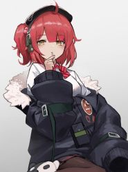 Rule 34 | 1girl, beret, blush, candy, commission, expressionless, food, fur trim, girls&#039; frontline, hat, lollipop, mp7 (girls&#039; frontline), nail polish, pantyhose, red hair, red nails, short hair, side ponytail, skeb commission, solo, yellow eyes, yusuke gg