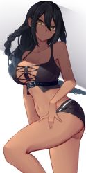 Rule 34 | azur lane, bare shoulders, black hair, braid, breasts, cleavage, crop top, cross-laced clothes, cross-laced top, dark skin, highres, large breasts, native american, navel, parted lips, shadow, shorts, solo, south dakota (azur lane), tri braids, underbust, white background, yellow eyes, yorugami rei
