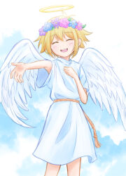 Rule 34 | 1boy, absurdres, angel, antenna hair, basil (faraway) (omori), basil (omori), blonde hair, blush, closed eyes, fake halo, fake wings, halo, highres, male focus, omori, open mouth, segue5o, short hair, short sleeves, smile, solo, teeth, upper teeth only, wings