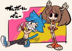 Rule 34 | 1boy, 1girl, afterimage, antlers, bad id, bad twitter id, bare shoulders, blue footwear, blue hair, boots, brown hair, cat tail, character name, cheerleader, commentary request, eye socket, full body, grin, gumball watterson, horns, humanization, looking at another, midriff, navel, orange footwear, penny fitzgerald, pleated skirt, sameyama jiro, short hair, simple background, skirt, smile, standing, stomach, sweater, tail, teeth, the amazing world of gumball, toon (style), translated, twintails, walking, waving, wristband