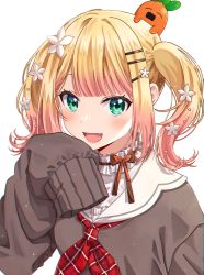 Rule 34 | 1girl, :d, blonde hair, blush, brown sweater, collar, commentary request, fang, flower, frilled collar, frills, gradient hair, green eyes, hair flower, hair ornament, hairclip, hand up, highres, hololive, long sleeves, looking at viewer, medium hair, momosuzu nene, momosuzu nene (casual), multicolored hair, neckerchief, nekko (momosuzu nene), ojyomu, open mouth, pink hair, red neckerchief, sailor collar, simple background, sleeves past fingers, sleeves past wrists, smile, sweater, twintails, upper body, virtual youtuber, white background, white flower, white sailor collar