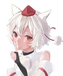 Rule 34 | 1girl, animal ears, azov, bare shoulders, black gloves, closed mouth, fingerless gloves, gloves, hat, highres, index finger raised, inubashiri momiji, looking at viewer, pom pom (clothes), red eyes, ribbon-trimmed sleeves, ribbon trim, shirt, short hair, simple background, solo, tokin hat, touhou, upper body, white background, white hair, white shirt, white sleeves, wolf ears, wolf girl