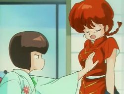 Rule 34 | 1980s (style), 2girls, animated, animated gif, braid, breasts, brown hair, chinese clothes, closed eyes, gender request, genderswap, groping, japanese clothes, kimono, large breasts, lowres, multiple girls, oldschool, open mouth, ranma-chan, ranma 1/2, red hair, retro artstyle, saotome ranma, screencap, short hair, single braid, standing, talking, tangzhuang, tendou nabiki