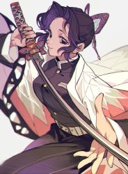 Rule 34 | 1girl, arm up, belt, belt buckle, black hair, breasts, buckle, bug, butterfly, butterfly hair ornament, buttons, closed mouth, collar, gradient hair, grey background, hair ornament, haori, holding, holding sword, holding weapon, insect, japanese clothes, katana, ke02152, kimetsu no yaiba, kochou shinobu, lips, long sleeves, looking at viewer, multicolored hair, parted bangs, purple eyes, purple hair, short hair, simple background, smile, solo, sword, upper body, weapon, white belt