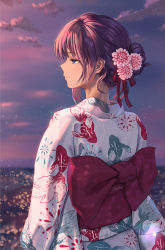 Rule 34 | 1girl, absurdres, animal print, blue eyes, bow, closed mouth, cloud, commentary request, evening, fate/stay night, fate (series), fish print, flower, from side, hair bun, hair flower, hair ornament, hair ribbon, heaven&#039;s feel, highres, japanese clothes, kimono, large bow, long sleeves, looking away, matou sakura, outdoors, print kimono, purple bow, purple hair, purple sky, red ribbon, ribbon, single hair bun, sky, smile, solo, tooku0