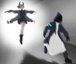 1girl 1other arknights closed_eyes coat dhrh123456 doctor_(arknights) extra_arms fleeing floating_boy_chasing_running_boy_(meme) gloves grey_hair highres hood hood_up hooded_coat long_sleeves meme outstretched_arms pink_gloves raidian_(arknights) running simple_background v