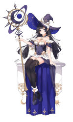 Rule 34 | 1girl, arm at side, artist name, bare shoulders, black hair, black hat, black leotard, black thighhighs, blue eyes, blue footwear, blunt bangs, blush, breasts, cleavage, closed mouth, collarbone, commentary request, covered navel, crescent, crossed ankles, detached collar, full body, hat, highres, holding, holding staff, large breasts, leotard, long hair, looking at viewer, miniskirt, original, pleated skirt, sitting, skirt, smile, solo, soyubee, staff, straight hair, strapless, strapless leotard, thighhighs, very long hair, white skirt, witch hat, zettai ryouiki